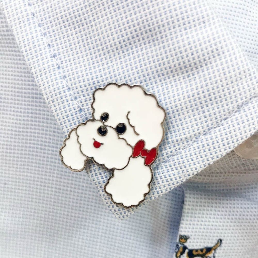 White Poodle Enamel Pin – Cute Dog Lapel Brooch with Red Bow